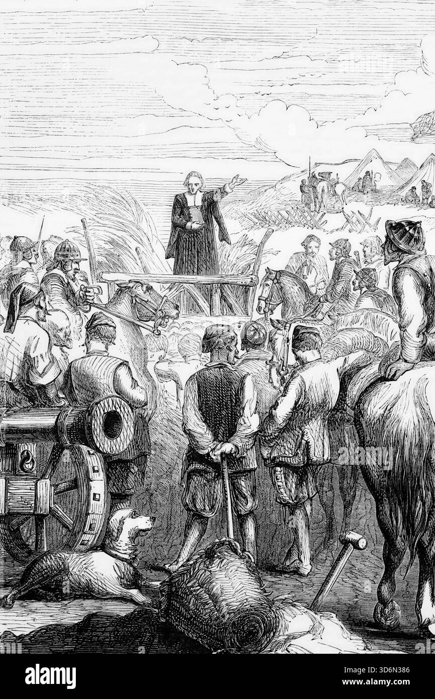 Protestantischer Gottesdienst in einem puritanischen Lager während des englischen Bürgerkriegs, 1643, England, digitale Reproduktion einer historischen Stockfoto