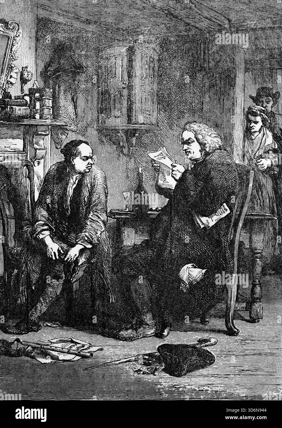 Dr. Samuel Johnson liest das Manuskript von Oliver Goldsmiths der Vikar von Wakefield, einem der beliebtesten und meistgelesenen Romane des 18. Jahrhun Stockfoto