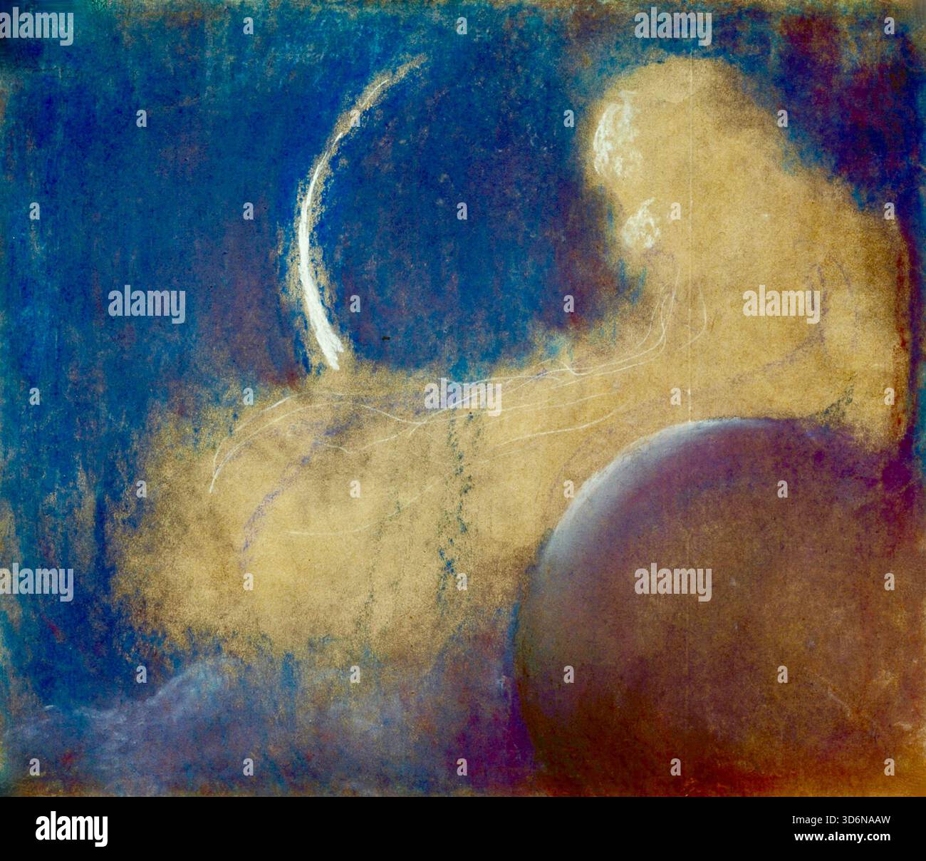 Mikalojus Konstantinas Čiurlionis - Nacht - 1905 - Gemälde, das symbolische und kosmische Themen erforscht. Das Kunstwerk verwendet eine tiefblaue und goldene Palette, um eine mystische nächtliche Landschaft darzustellen, die Aspekte von Natur und Spiritualität miteinander verbindet. Es hat eine ätherische Qualität, die das Interesse des Künstlers an der Verflechtung von Kunstformen, einschließlich Musik, widerspiegelt. Die abstrakte Szene lädt die Zuschauer ein, das Universum und die Geheimnisse der Existenz zu betrachten. Stockfoto