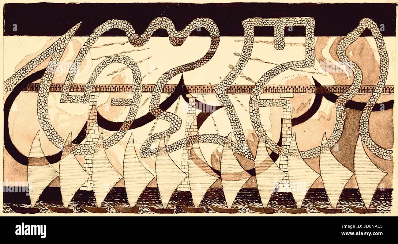 Mikalojus Konstantinas Čiurlionis - Vignette (Boote) auch bekannt als Vignette (kleine Schiffe) oder einfach Schiffe - 1909 - das symbolische Werk zeigt 11 stilisierte Segelboote auf einem dunklen, abgehackten Meer am Boden. Darüber befindet sich eine komplexe, mäandernde, steinförmige Linie, die Wasser darstellt und von brückenartigen Säulen gestützt wird. Čiurlionis verwendete oft Chiffren und Symbole, wobei er einen musikalischen und architektonischen Rhythmus in die visuellen Elemente seiner Werke einwebte. Das Originalkunstwerk befindet sich im Nationalen Kunstmuseum M. K. Čiurlionis Stockfoto