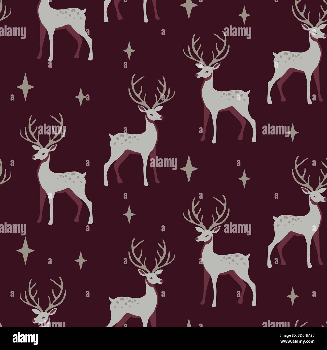Nahtloses Vektormuster mit Rehkitz auf burgunderrotem Hintergrund. Hirschwald-Illustration für Textil-, Tapeten- oder Druckdesign. Elegantes Winterdesign Stock Vektor