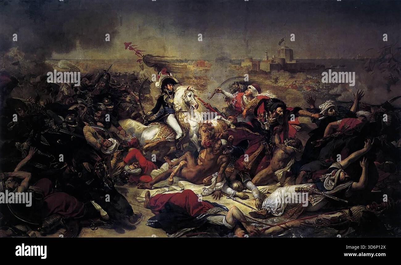 GROS, Antoine-Jean (* 1771, Paris, d. 1835, Meudon) die Schlacht von Abukir 1806 Öl auf Leinwand, 578 x 968 cm Mus?e National du CH?teau, Versailles Gros war der Vorläufer der späteren romantischen Schule, aber er zwang sich, Davids Erbe zu bewahren und den Romantikern entgegenzutreten, obwohl er sie selbst inspiriert hatte. Der Vergleich von Werken, die eine große Anzahl von Figuren von David (z.B. die Intervention der Sabinen Frauen), von Delacroix (z.B. das Massaker von Chios) und von Gros' Schlacht von Abukir darstellen, zeigt, dass Gros die romantische Bewegung anführte. --- Schlüsselwörter: ----------------- Autor Stockfoto