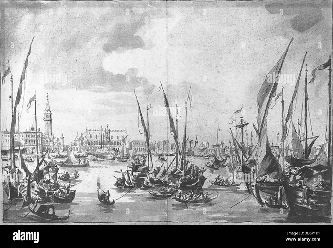 GUARDI, Francesco (* 1712, Venezia, d. 1793, Venezia) der Molo und die Riva degli Schiavoni aus dem Bacino di San Marco um 1760 Zeichnung Privatsammlung Ein bemerkenswertes Detail in dieser Zeichnung könnte etwas Licht auf die ursprüngliche Funktion der beiden monumentalen Gemälde (derzeit im Waddesdon Manor) werfen, die nach dieser Skizze entstanden sind und einen umfassenden Blick auf den Bacino di San Marco und die Gebäude um ihn herum bieten. Rechts vom Zentrum, neben dem großen, dunklen Segel, befindet sich die weiße fassade der Kirche Piet? So sah das Gebäude aber nicht wirklich aus; es ist heute neo-palladianisch Stockfoto