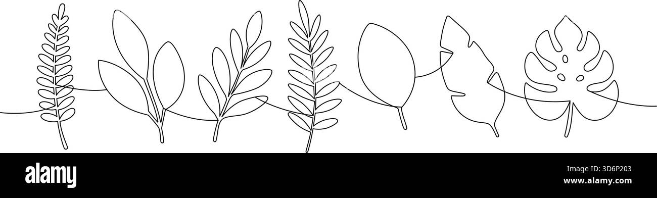 Minimalistische, durchgehende Linienkunst mit verschiedenen tropischen Blättern. Elegante botanische Konturzeichnung für modernes Naturdesign Stock Vektor