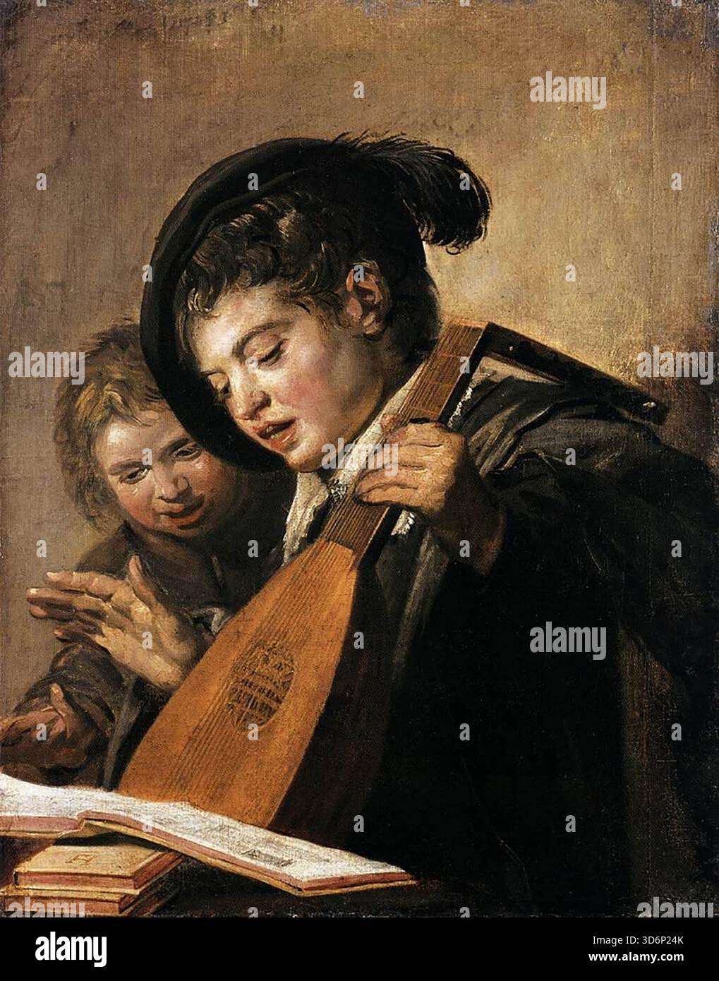 HALS, Frans (* 1580, Antwerpen, d. 1666, Haarlem) zwei Jungen singen um 1625 Öl auf Leinwand, 76 x 52 cm staatliche Museen, Kassel die beiden glücklichen Jugendlichen singen aus einer geöffneten Partitur und schlagen den Rhythmus mit den Händen, während der ältere eine Laute in der linken Hand hält. Ihre Gesichter sind aufmerksam und zufrieden. Ihre Ausdrücke sind realistisch, obwohl sie eher typisiert als porträtähnlich sind. Es scheint sicher zu sein, dass dieses Gemälde das Hören einer Reihe von Allegorien über die fünf Sinne darstellt. Die anderen Stücke wurden möglicherweise als unabhängige Stillleben-Gemälde angesehen, und sie sind Stockfoto