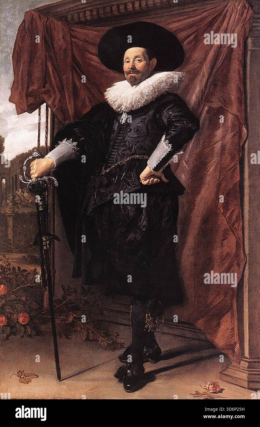 HALS, Frans (* 1580, Antwerpen, d. 1666, Haarlem) Willem van Heythuyzen um 1625 Öl auf Leinwand, 204,5 x 134,5 cm Alte Pinakothek, München dieses Porträt, das früher um 1635 datiert wurde, aber aufgrund von Stil und Kostüm etwa ein Jahrzehnt früher datiert werden sollte, ist Hals's einzige bekannte Lebensgröße, volle Länge. Diese Art von Porträt war in der ersten Hälfte des 17. Jahrhunderts in Holland nicht populär. Es war eine, die noch immer hauptsächlich für Staatsporträts und den Adel verwendet wurde; nur die mächtigsten, reichsten oder prätentiösesten beauftragten sie in Auftrag. Außerdem gibt es nur wenige niederländische Häuser Stockfoto