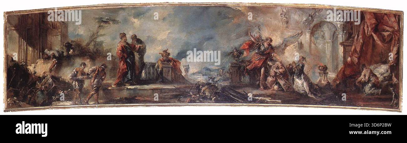 GUARDI, Gianantonio (* 1699, Wien, d. 1760, Venezia) die Hochzeit von Tobias um 1750 Öl auf Leinwand Chiesa dell’Angelo Raffaele, Venedig bis in die Mitte des 18. Jahrhunderts gehört eines der bemerkenswertesten Beispiele für dekorative Malerei in Venedig. Die antike Kirche des Angelo Raffaele (vielleicht bereits im siebten Jahrhundert gegründet) ist heute eher abgelegen und sieht in ihrer unvollendeten Form, die aus dem 16. Oder 17. Jahrhundert stammt, langweilig aus. Im Inneren, über dem Eingang, befindet sich ein großes barockes Orgelloft, dessen Attika mit einem Zyklus von sieben brillant bemalten sc. Verziert sind Stockfoto