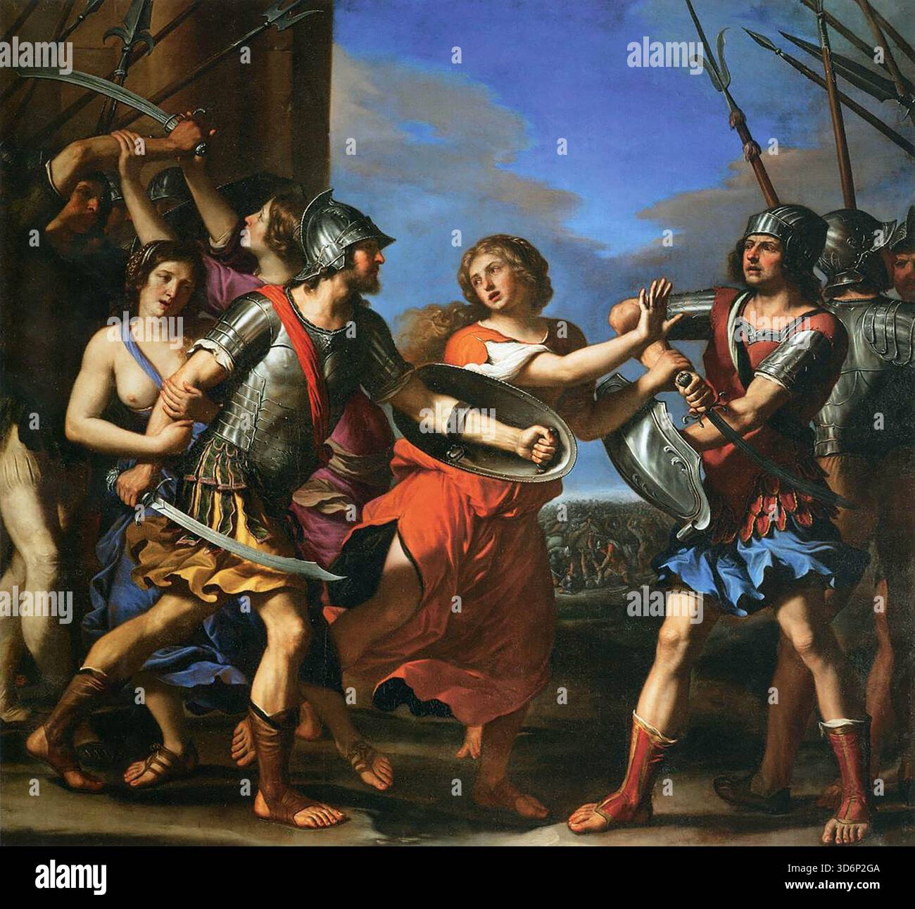 GUERCINO (* 1591, Cento, d. 1666, Bologna) Hersilia trennt Romulus und Tatius 1645 Öl auf Leinwand, 253 x 267 cm Mus?e du Louvre, Paris dieses Gemälde ist auch bekannt als Kampf der Römer und der Sabiner. Nach Guido Renis Tod 1642 verließ Guercino Rom und ließ sich in Bologna nieder, wo er einen Stil mit hellen Farben und klaren Umrissen entwickelte, in dem der skulpturale Aspekt der Figuren und ihre friesartige Anordnung an antike Basreliefs erinnern, wie in Hersilia, die Romulus und Tatius trennt. --- Schlüsselwörter: ----------------- Autor: GUERCINO Titel: Hersilia Separating Romulus Stockfoto