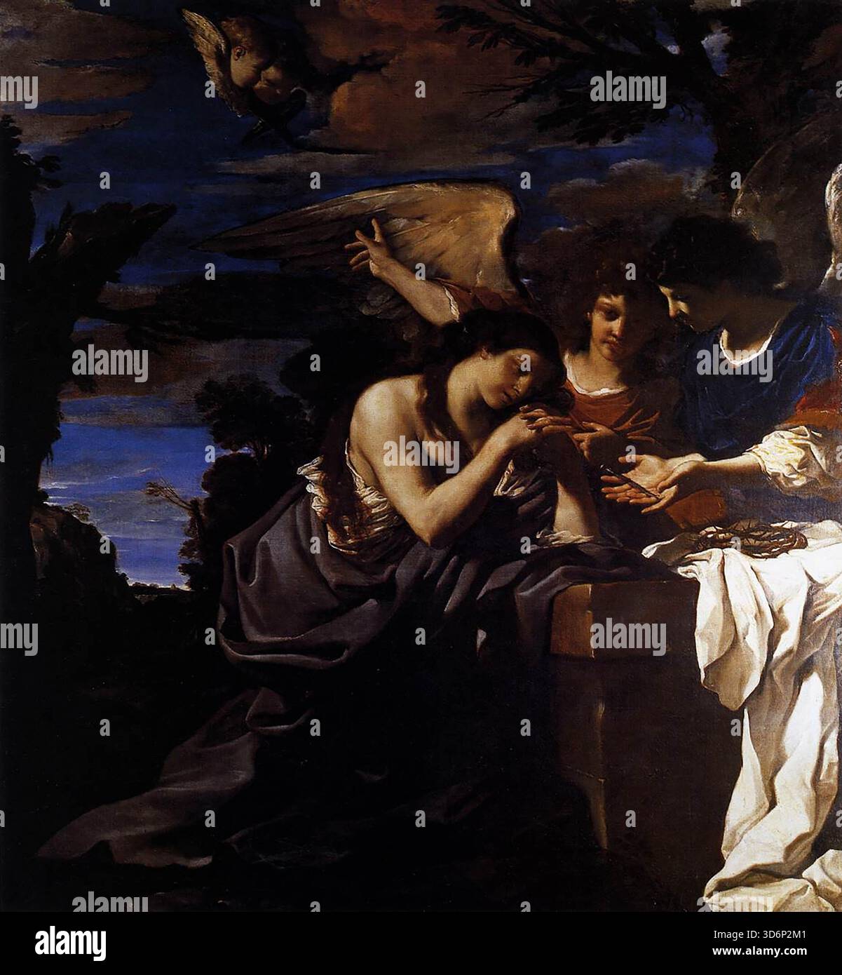 GUERCINO (* 1591, Cento, d. 1666, Bologna) Magdalen und zwei Engel 1622 Öl auf Leinwand, 222 x 200 cm Pinakoteca, Vatikan als Alessandro Ludovisi, ehemals Kardinalerzbischof von Bologna, Papst Gregor XV (1621?25) wurde, wurden Künstler nach Rom berufen, die für seine Familie in seiner Geburtsstadt gearbeitet hatten, darunter Domenichino, Guido Rent, Albani und Guercino, Albani, Guercino und Guercino letztere entsprach der Einladung des Papstes im Jahr 1621. Der Pönitent Magdalen wurde für die Kirche Santa Maria Maddalena delle Convertite in der Via del Corso gemalt. Die Kirche wurde durch einen Brand im Januar 1617 beschädigt und Dura wieder aufgebaut Stockfoto