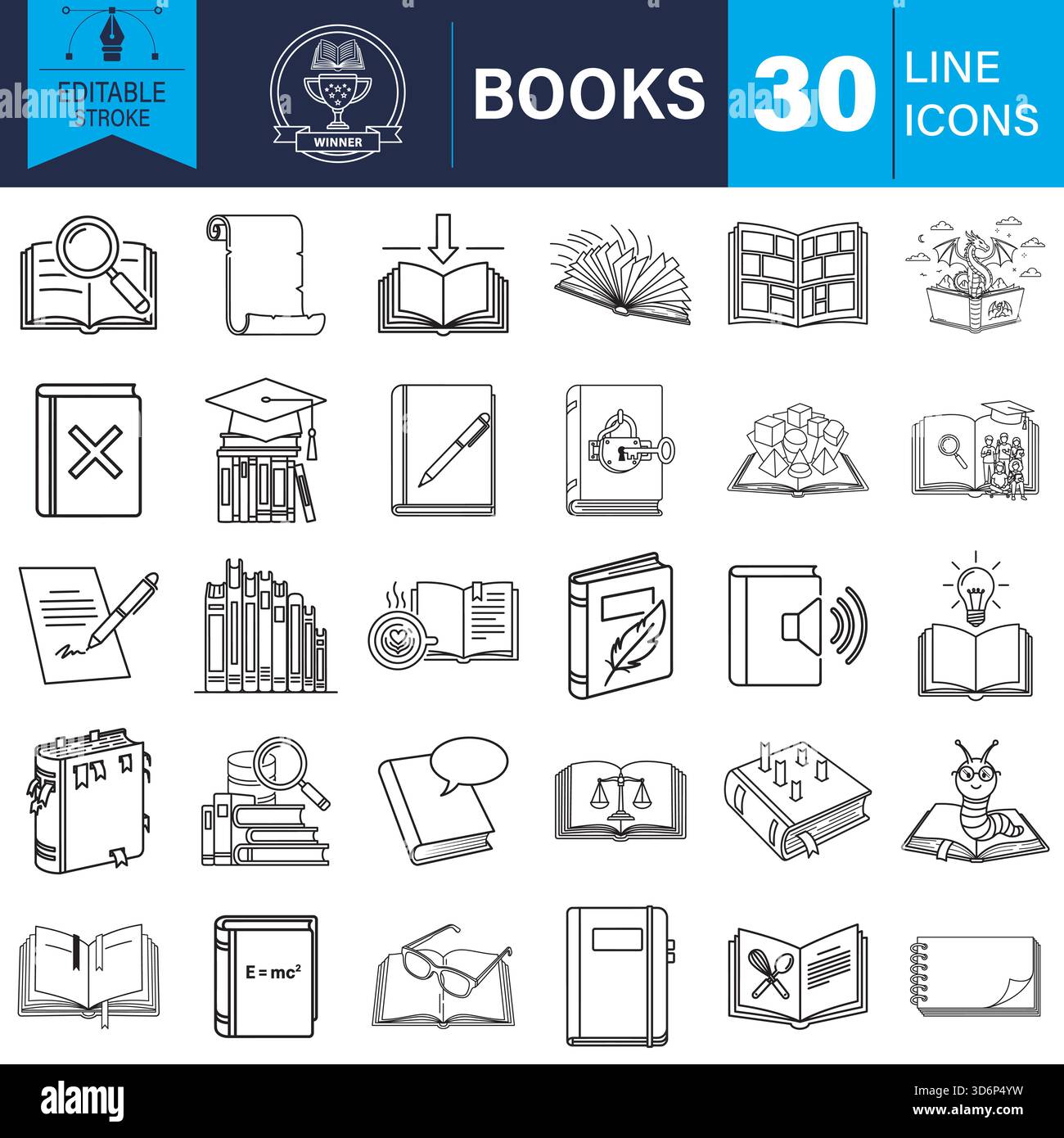 Liniensymbole für Bücher, Bildung, Lesen und Knowledge Concept Vector Stock Vektor