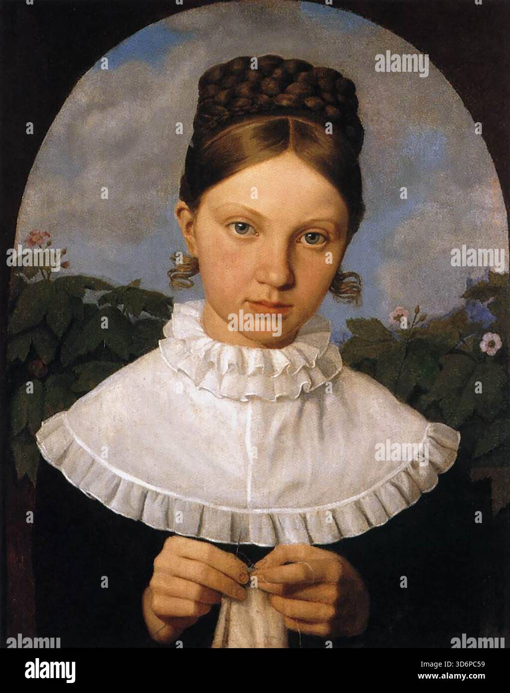 HESS, Heinrich Maria von (* 1798, D?sseldorf, d. 1863, M?nchen) Porträt von Fanny Gail 1820-21 Öl auf Leinwand, 55 x 46 cm Privatsammlung damals war eine neu-alte Einstellung zur Ehe populär, da die Idee des Patriarchen in der Familie mit der Idee des Vaterlandes an Boden gewann. Der gestrickte Strumpf eroberte die Heiratskammer, aber auch manches Porträt, zum Beispiel dieses Porträt von Heinrich Hess. Der Maler verwendete dieses Motiv in dem Bild der Schwägerin seines Bruders, des Malers Peter Hess. --- Schlüsselwörter: ----------------- Autor: HESS, Heinrich Maria von Titel: Porträt Stockfoto