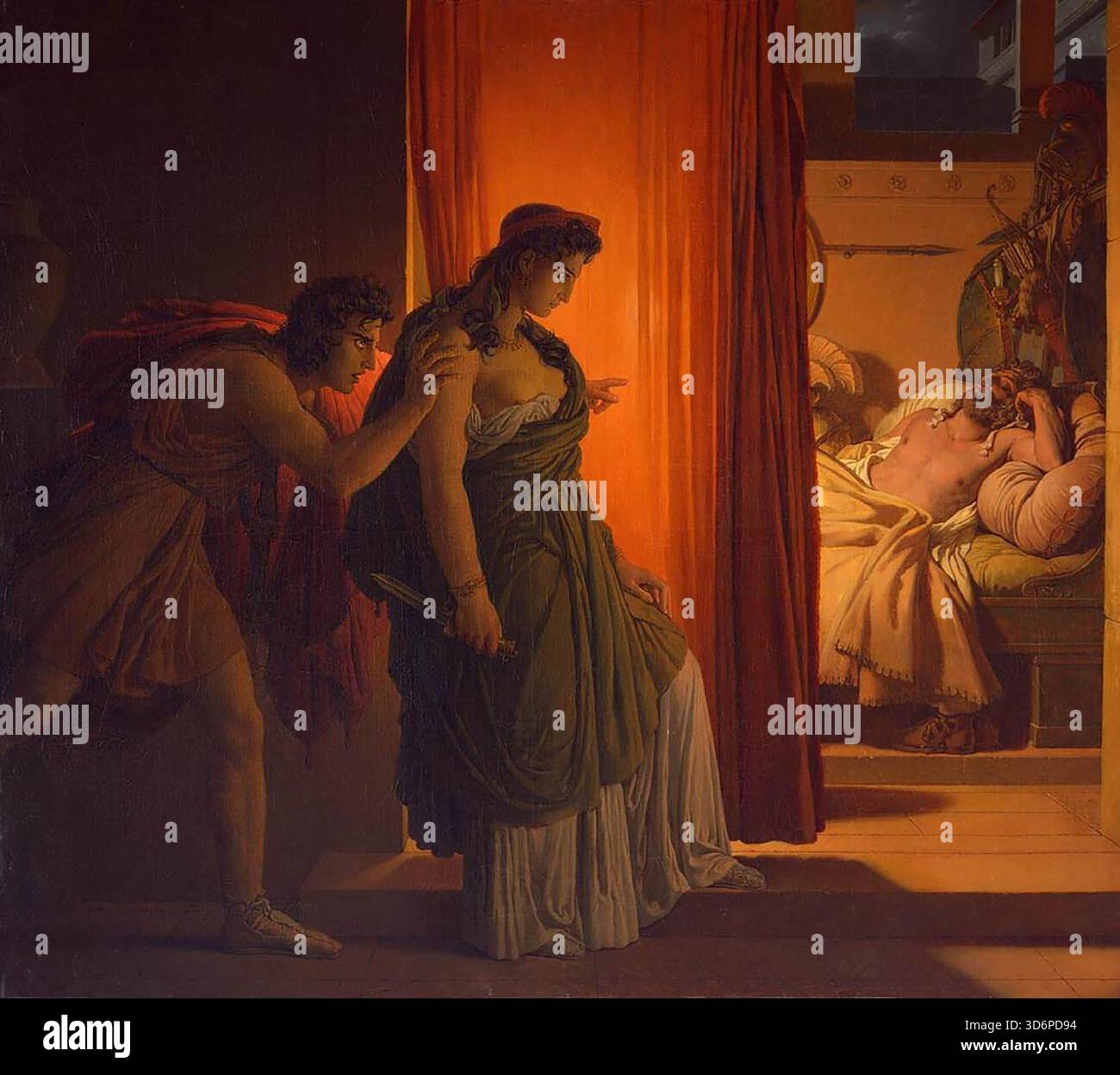 GU?RIN, Pierre-Narcisse (*1774, Paris, d. 1833, Roma) Clytemnestra und Agamemnon um 1822 Öl auf Leinwand, 76 x 84 cm Privatsammlung dieses Gemälde, das an Fuseli und David erinnert, zeigt den Moment, in dem Clytemnestra ihren ahnungslosen Ehemann Agamemnon mit Hilfe ihres Geliebten Aegisthis ermordet. In Gu?rins Komposition schläft Agamemnon, seine Waffen liegen neben ihm, ohne sich seines bevorstehenden Todes bewusst zu sein, während seine Attentäter in sein Zimmer schleichen. Gu?rin verwendet eine reiche Palette von gebranntem Orange und Karmesin, um den teilweise gezeichneten Vorhang mit Kerzenlicht hervorzuheben Stockfoto