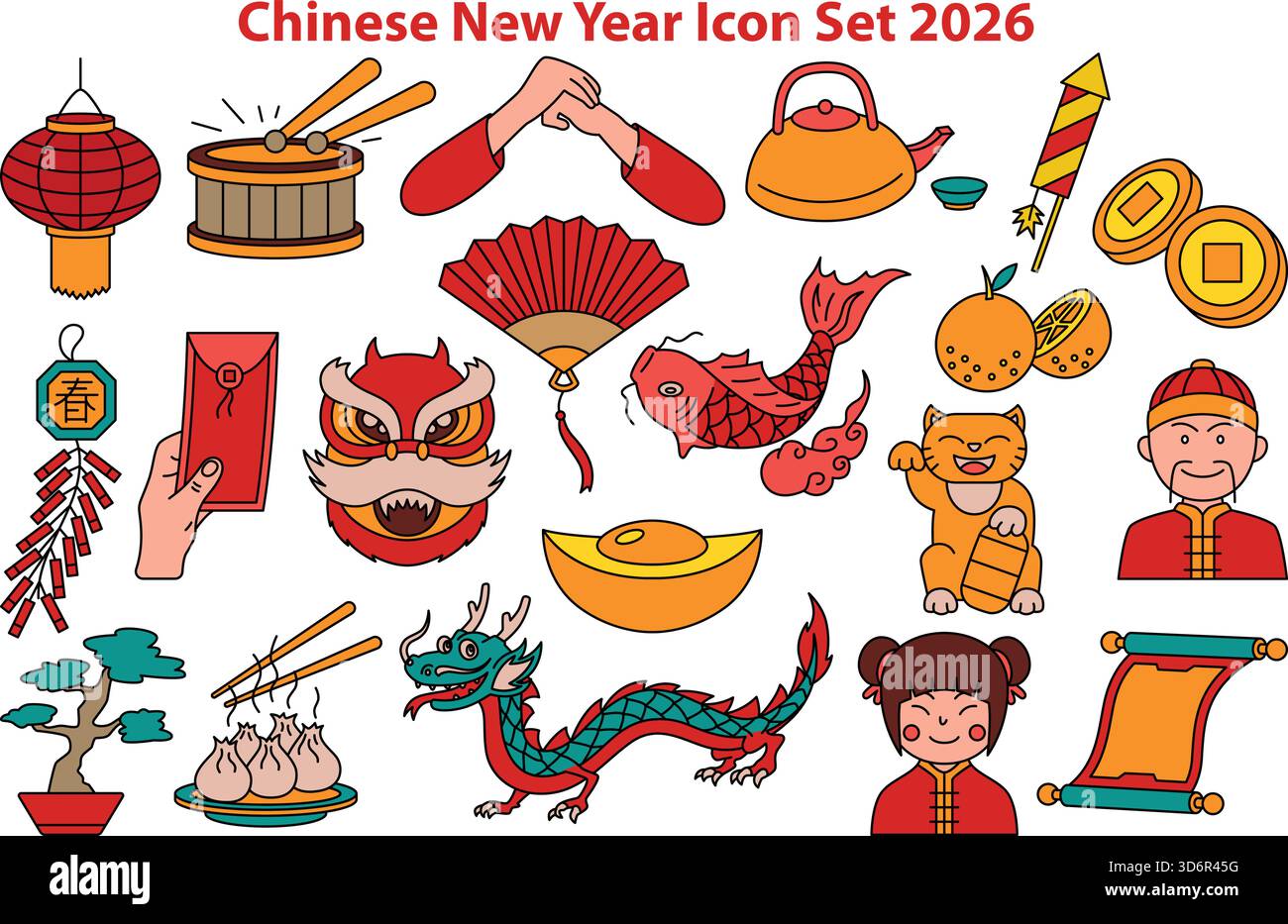 Chinesisches Neujahrssymbol-Set 2026 Vektor-Illustration – festliche Lunar New Year Symbole, traditionelle Dekorationen und kulturelle Elemente für Projekte Stock Vektor