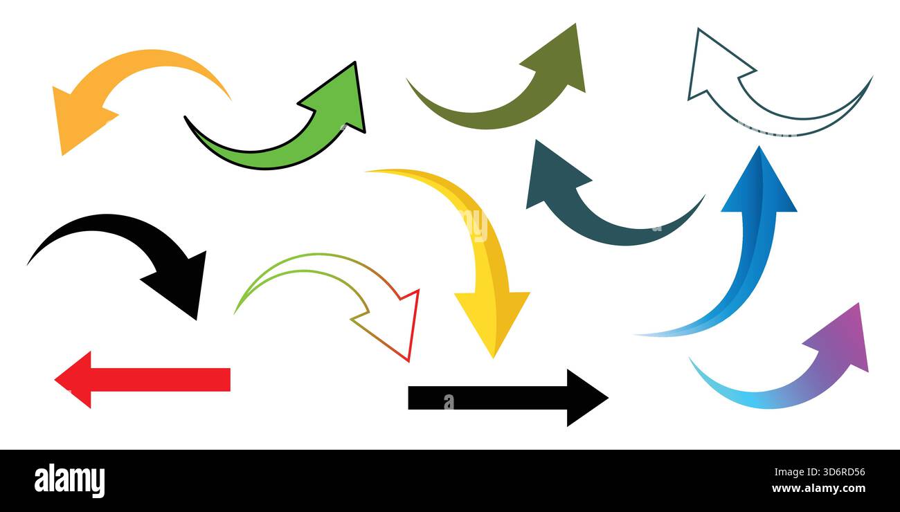 Gekrümmte Pfeilsymbole legen Richtung, Navigation, Flussdiagramm, UI UX Design-Elemente fest. Stock Vektor