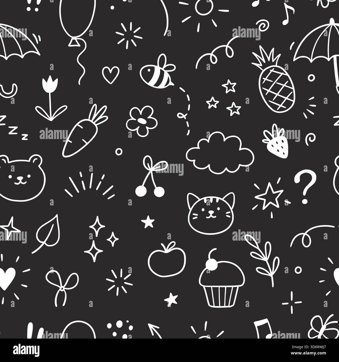 Linie mit niedlichem Muster für Kinder. Hand gezeichnet nette Kinder Stil Tiergesicht, Blume, Stern auf Tafel Hintergrund. Doodle Sketch Herz, Stern, Wolke Baby Cartoon nahtloses Muster. Vektorabbildung Stock Vektor