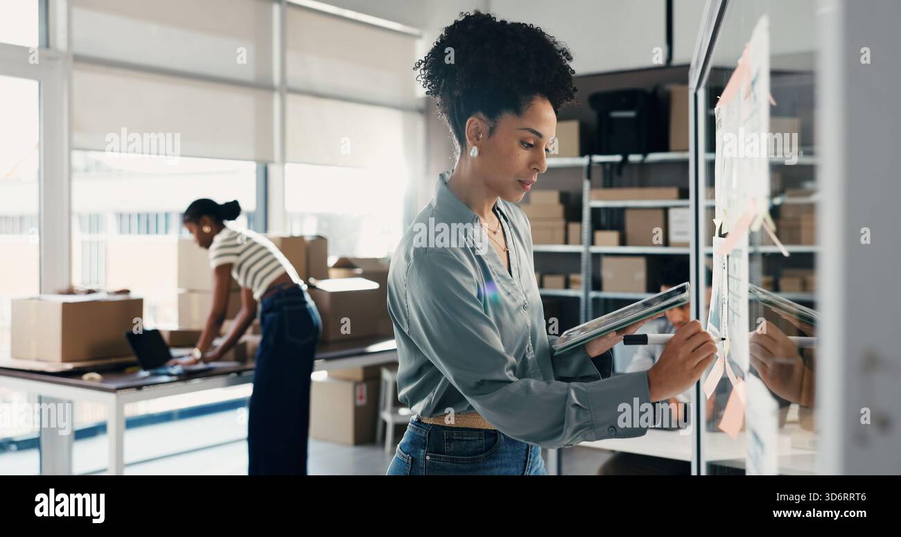 Versand, Frau und Schreiben auf Glaswand mit Tablet, E-Commerce-Ideen oder Analysen. Technische Logistik und Unternehmer mit Haftnotiz für den Vertrieb Stockfoto