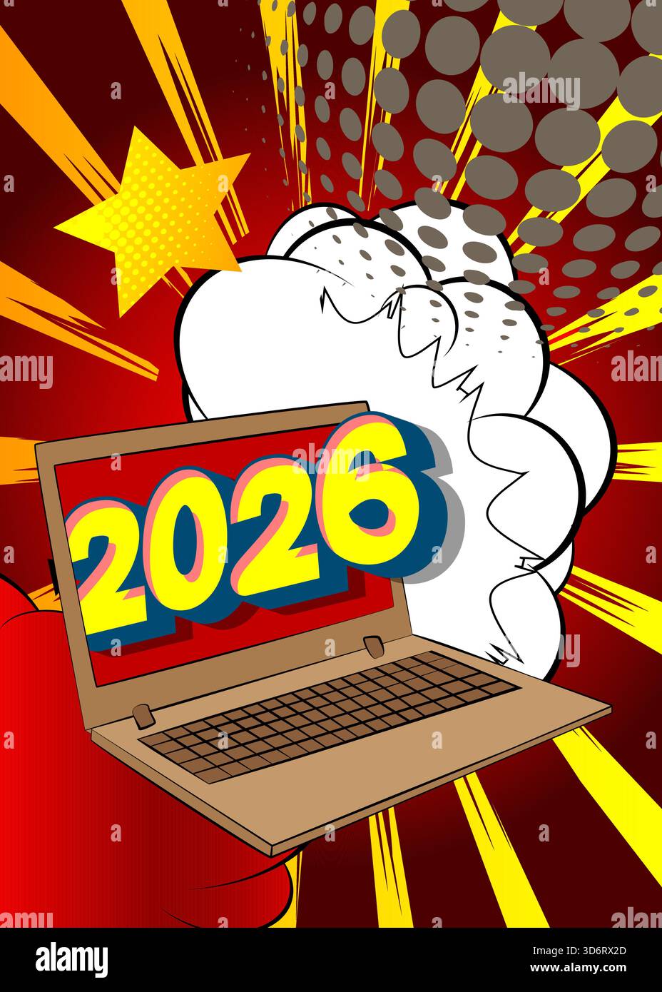 Cartoon Laptop, Comic Notizbuch mit 2026. Retro-Vektor-Comics Pop-Art-Design. Stock Vektor