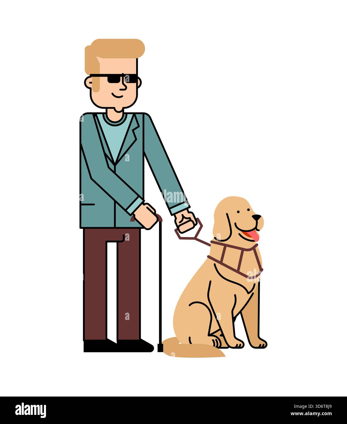 Sehbehinderter Mann mit Blindenhund. Flache Vektorgrafik für Konzepte der Unterstützung, Unterstützung, Zugänglichkeit, Behinderung oder Tierhaltung. Stock Vektor