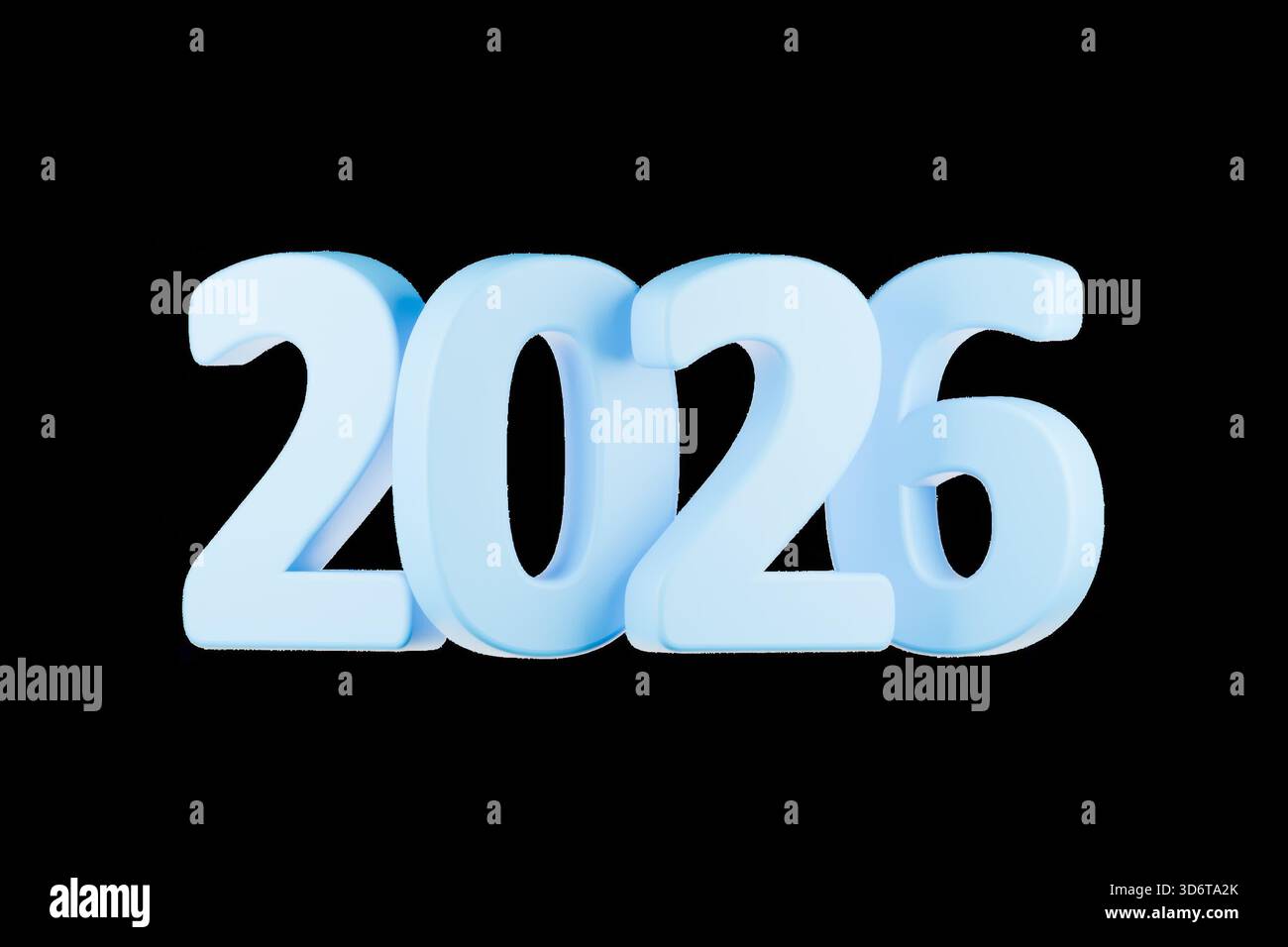 Die Zahl 2026 wird in großen, blauen, dreidimensionalen Zeichen angezeigt. Stockfoto