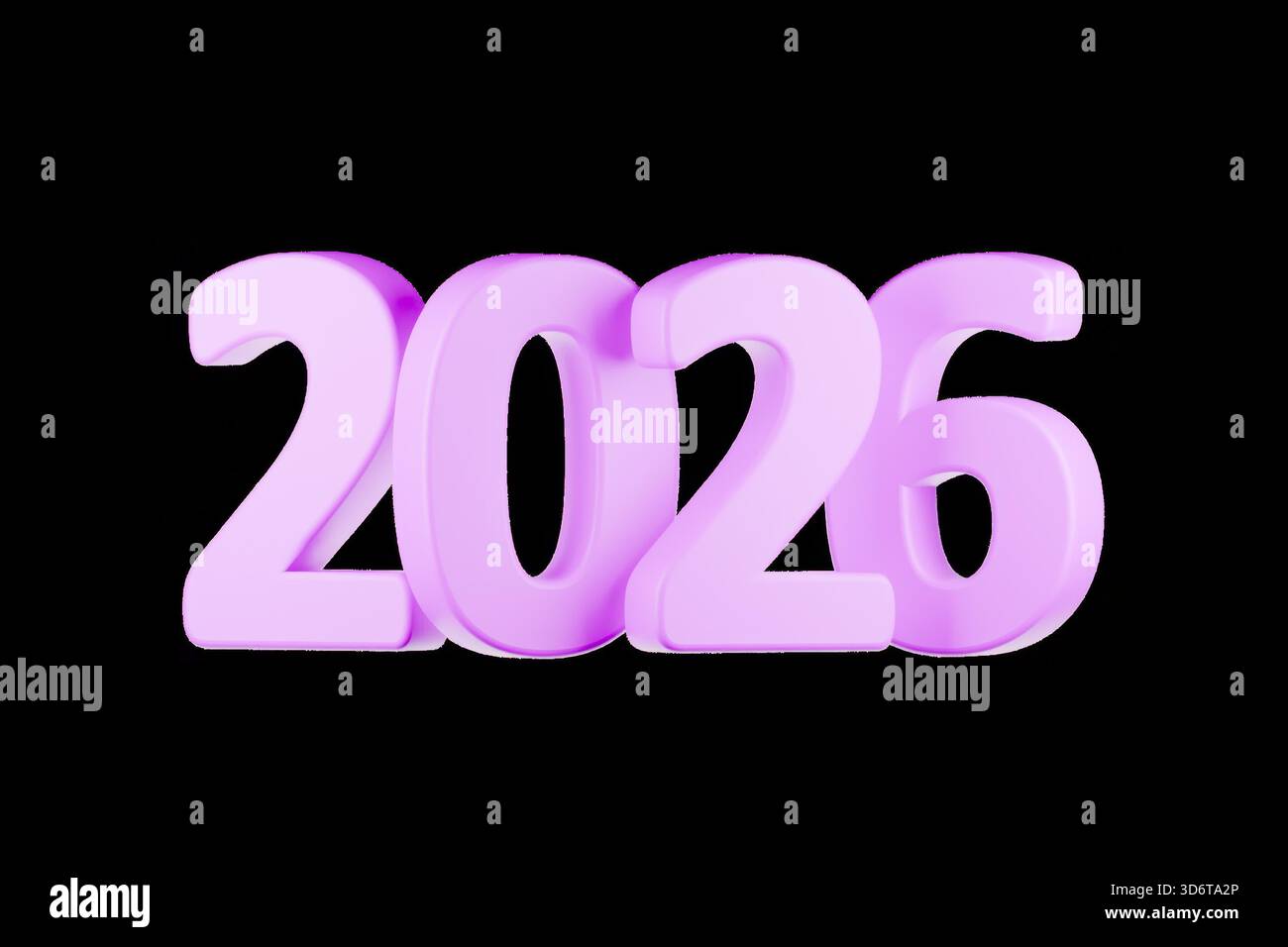 Die Zahl 2026 wird in großen, lila, dreidimensionalen Zeichen angezeigt. Stockfoto