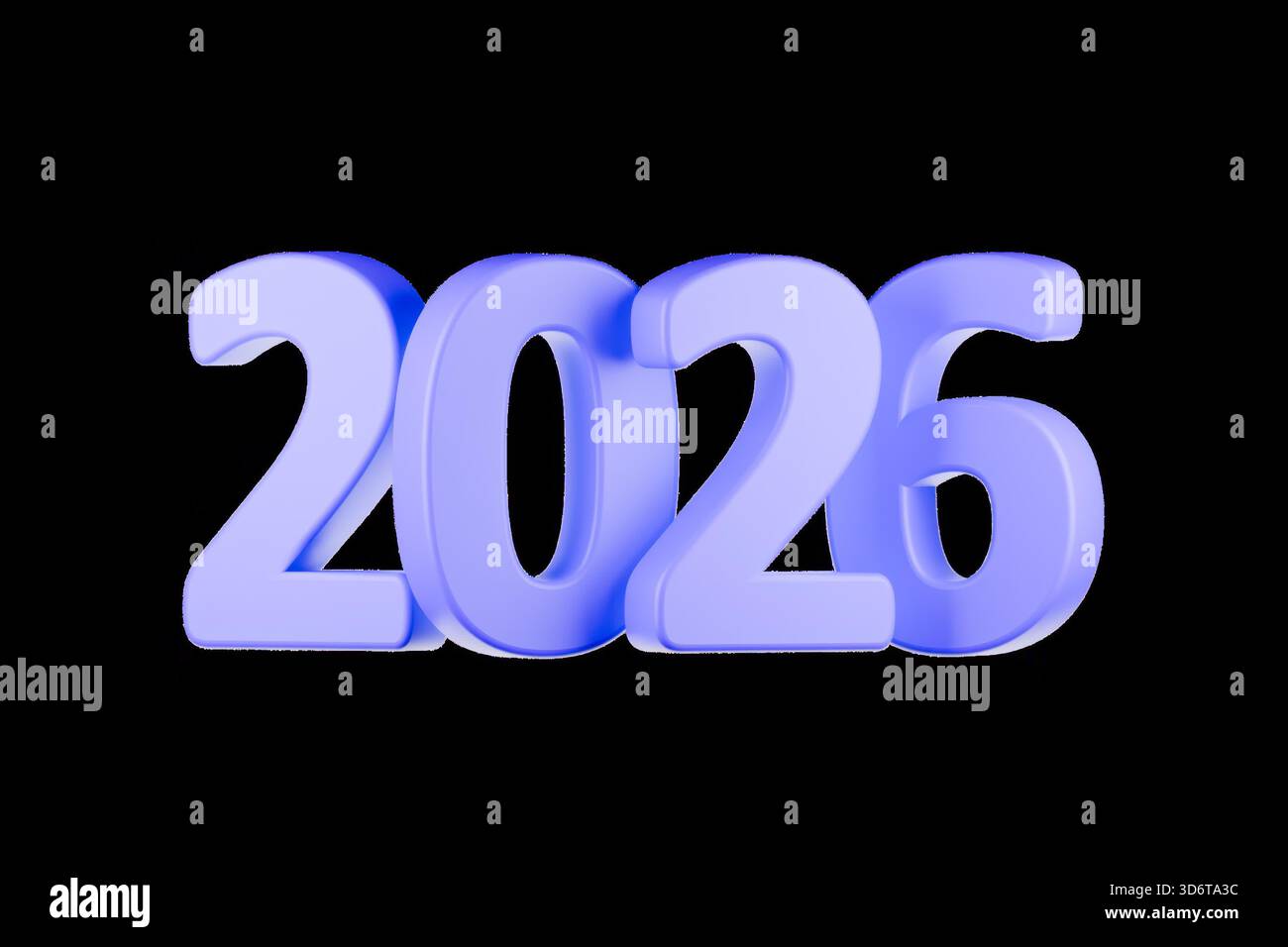 Die Zahl 2026 wird in großen, blauen, dreidimensionalen Zeichen angezeigt. Stockfoto
