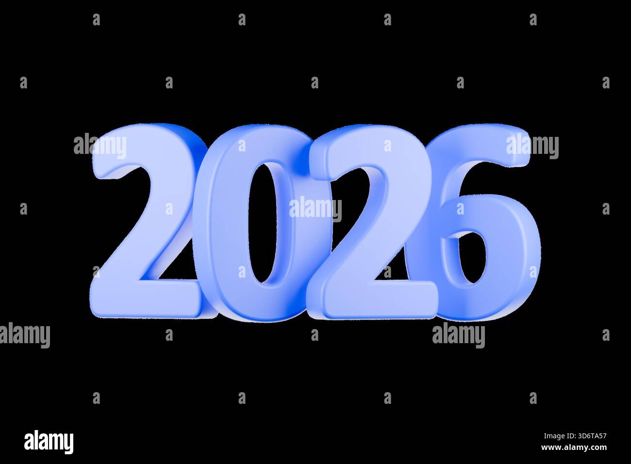 Die Zahl 2026 wird in großen, blauen, dreidimensionalen Zeichen angezeigt. Stockfoto