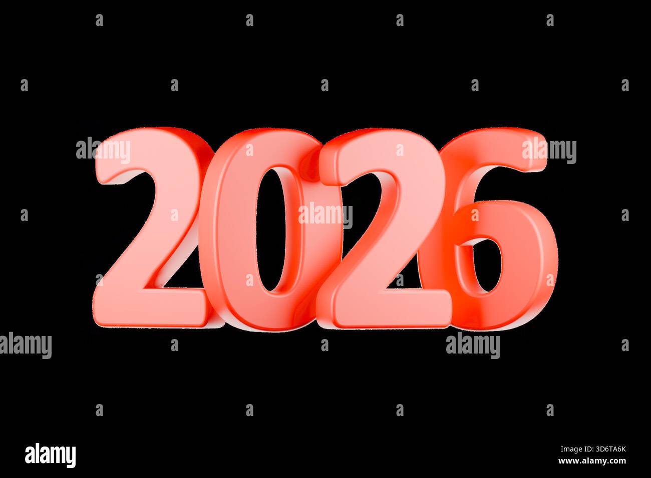 Die Zahl 2026 wird in großen, roten, dreidimensionalen Zeichen angezeigt. Stockfoto
