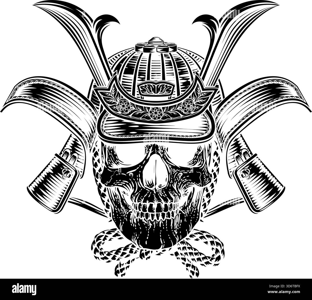Samurai-Schädel mit Helm-Gravur Stock Vektor