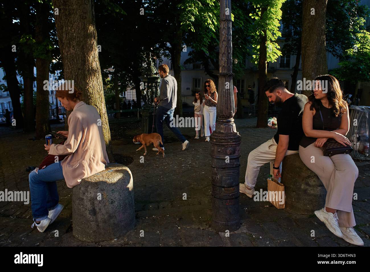 Abendliche Aktivität in Montmartre's Place Emile Goudeau mit Menschen und einem Hund, Paris, Frankreich Stockfoto