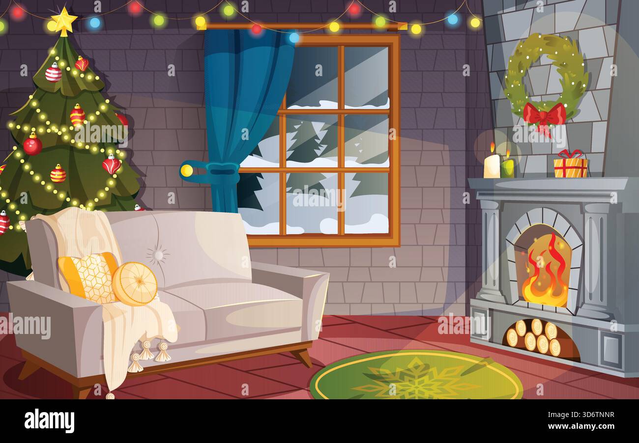 Wohnzimmer mit Kamin, Sofa, Teppich, Weihnachtsbaum und bunten Feenlichtern. Blick Auf Das Verschneite Fenster Im Freien. Weihnachten Dekoriert Zeichentrickhintergrund Stock Vektor
