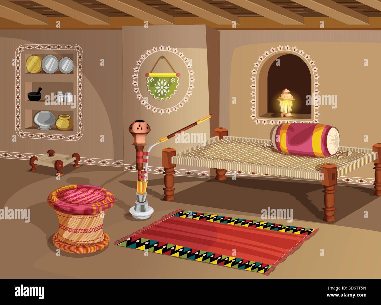 Ländliches Zuhause Wohnzimmer Inneneinrichtung. Charpai gewebtes Bett mit großem Kissen, Shisha, gewebtem Bambushocker. Illustration Des Kulturellen Hintergrunds Stock Vektor