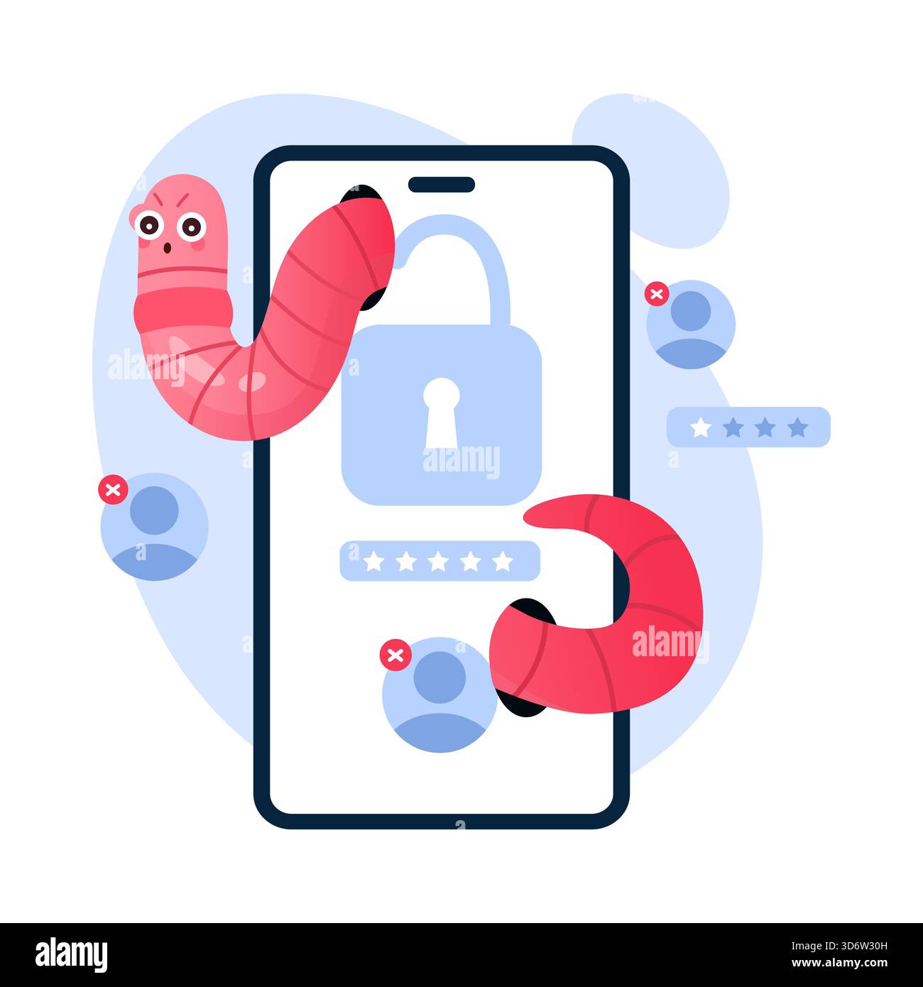 Isoliertes Smartphone mit Würmern, die digitale Sicherheit und Benutzerkonten angreifen, symbolisieren Malware-Bedrohungen Stock Vektor