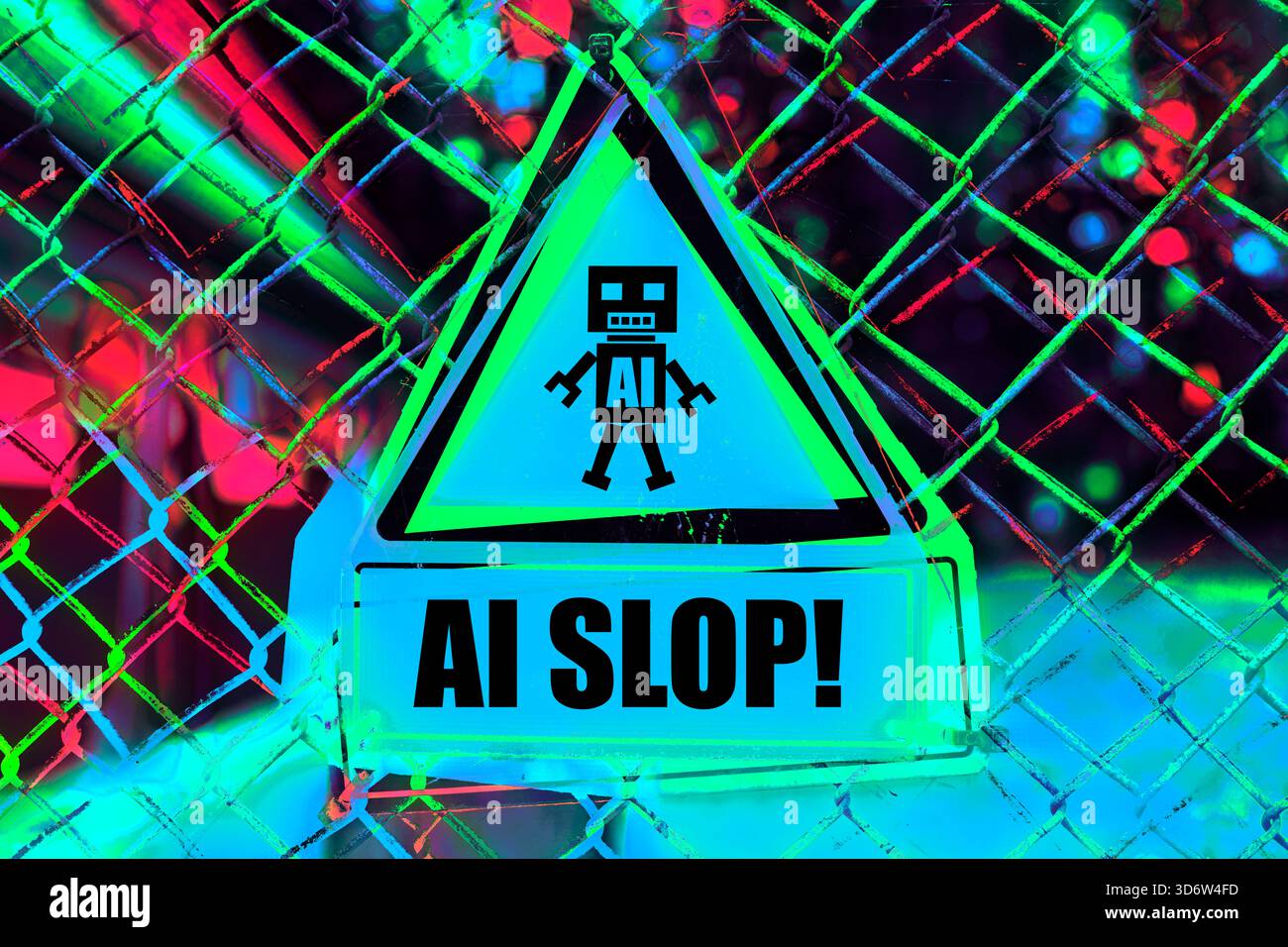 Roboterfigur und Inschrift AI Slop auf Warnschild, Fotomontage Stockfoto