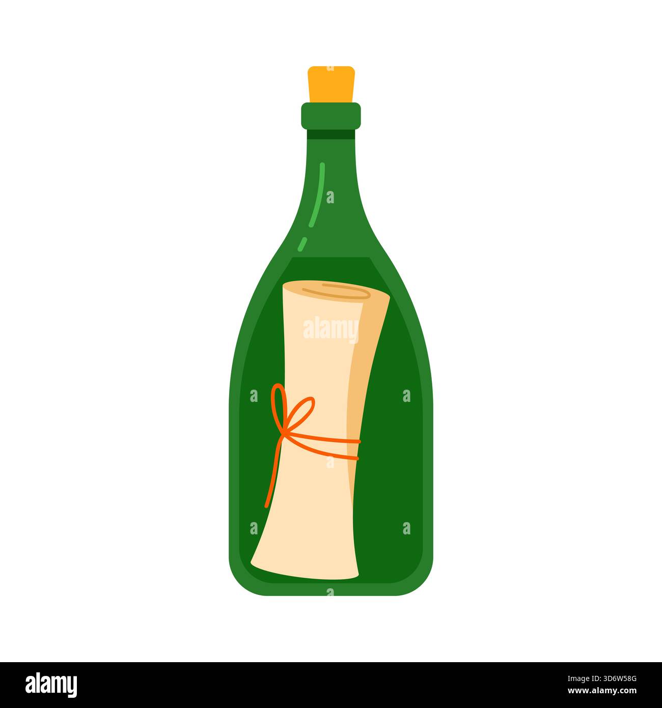 Grüne Glasflasche, die eine gerollte Piratenrolle enthält, isoliert auf weißem Hintergrund Vektor-Illustration Stock Vektor