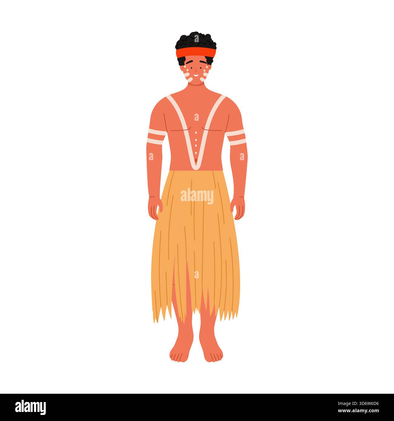 Aborigine-Mann in traditioneller Kleidung mit Körperfarbe und Grasrock auf isolierter weißer Hintergrundvektor-Illustration Stock Vektor