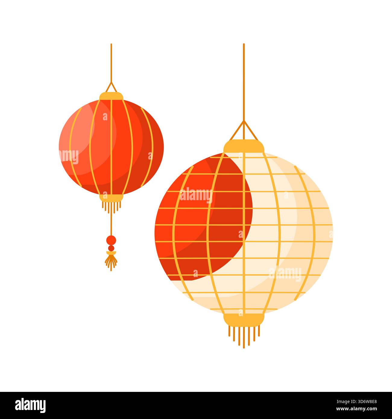 Zwei bunte chinesische Laternen hängen isoliert auf weißem Hintergrund für Festival und Feier Vektor Illustration Stock Vektor