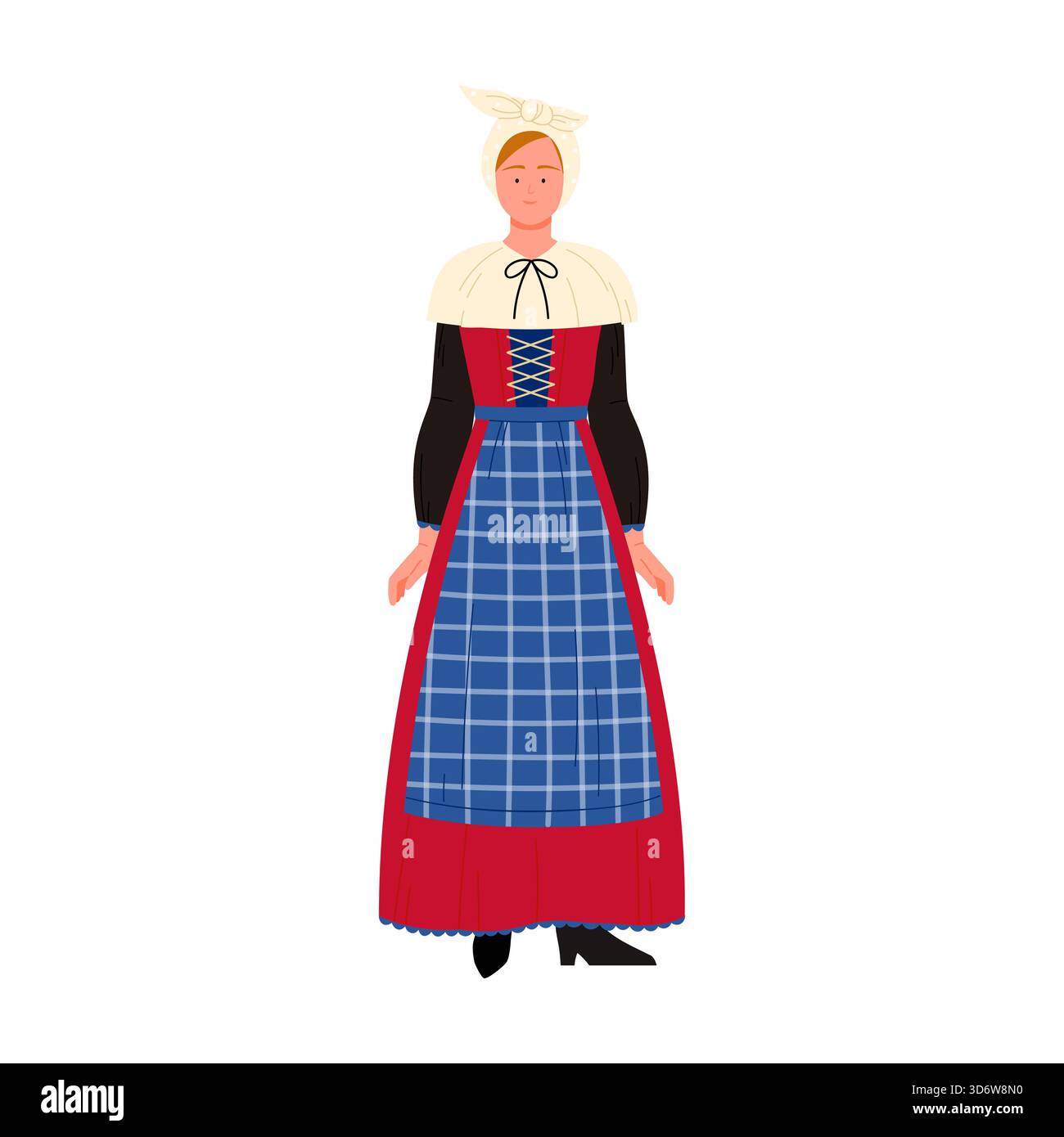 Dänische Frau im traditionellen Volkskleid mit Mütze und Schürze auf weißer isolierter Hintergrund Vektor-Illustration Stock Vektor