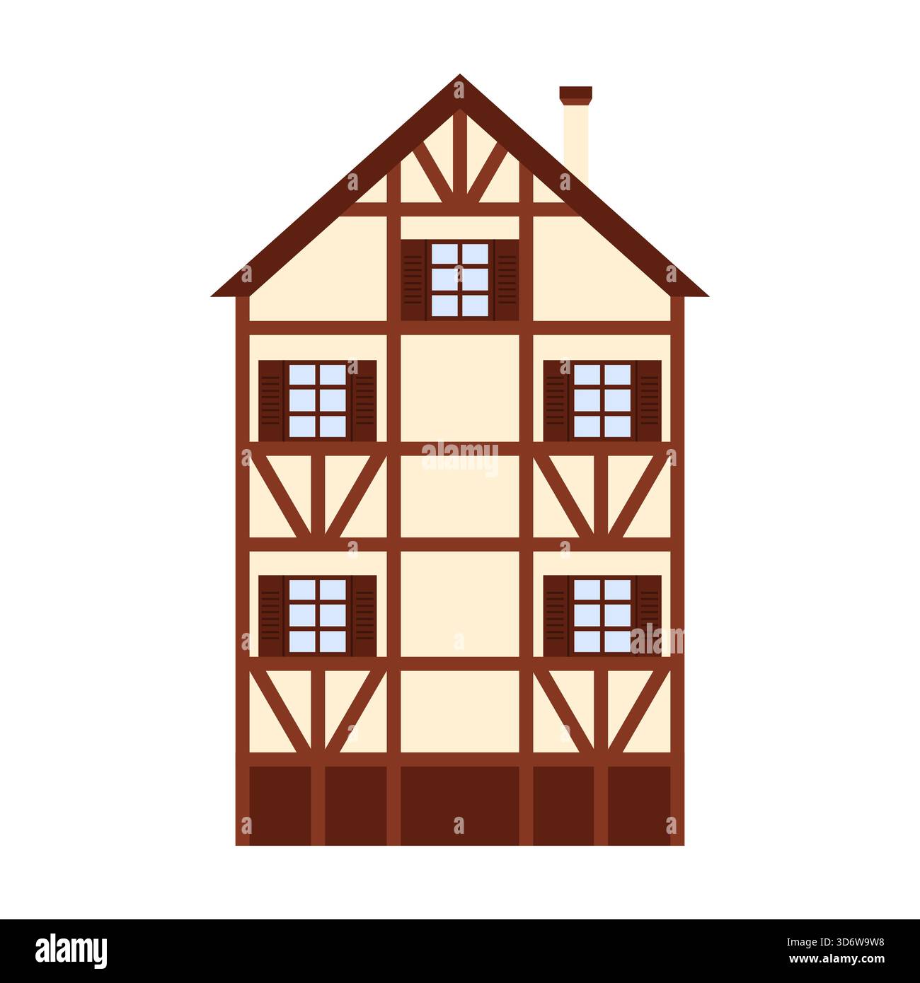 Klassisches deutsches Fachwerkhaus mit braunen Balken und Fenstern isoliert auf weißer Vektorillustration Stock Vektor