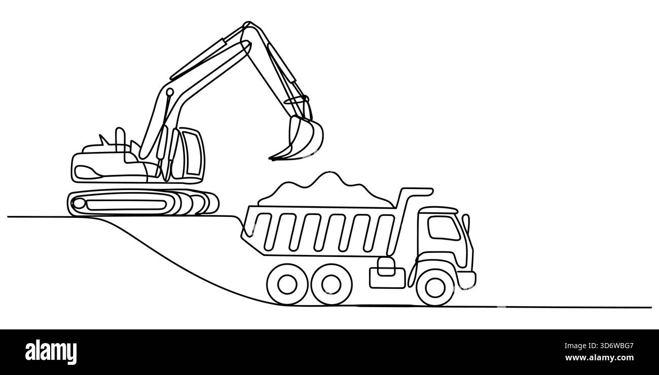 Fortlaufende Linienzeichnung des Baggers, der Sand in die Szene des Kipplagers lädt Stock Vektor