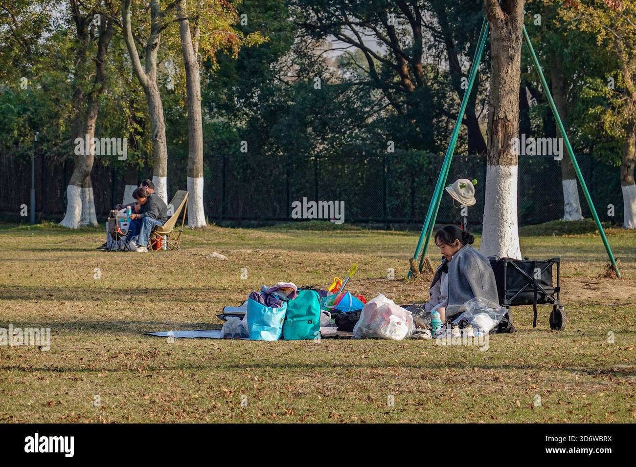 Changzhou, China. November 2025. Leute, die man bei einem Picknick auf dem Gras im ökologischen Park gesehen hat. (Foto: Sheldon Cooper/SOPA Images/SIPA USA) Credit: SIPA USA/Alamy Live News Stockfoto