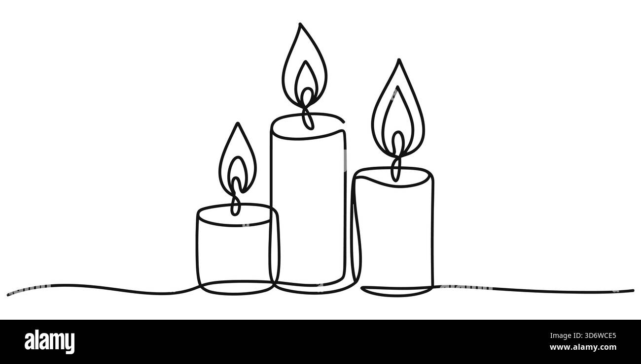 Minimalistische, durchgehende Linienzeichnung von drei brennenden Kerzen mit Flammen Stock Vektor