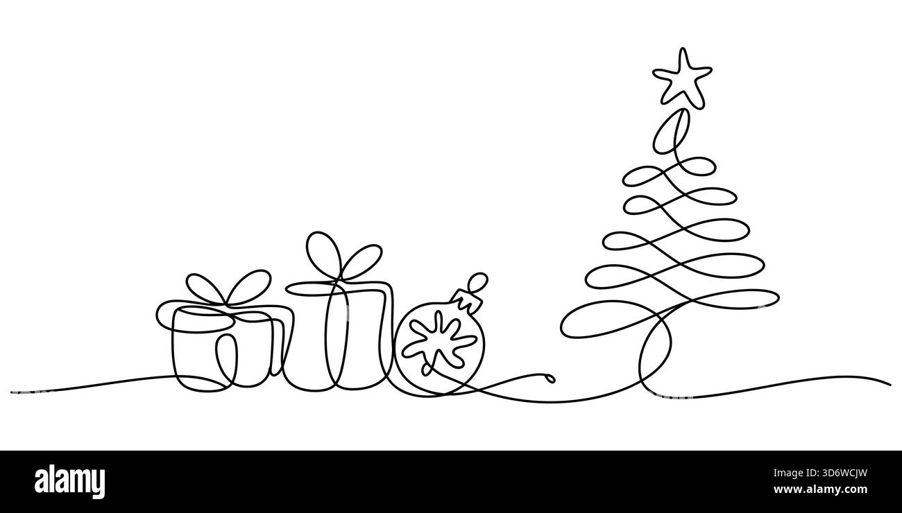 Durchgehende Linienzeichnung des weihnachtsbaums mit Geschenken und Ornament Vektor Stock Vektor