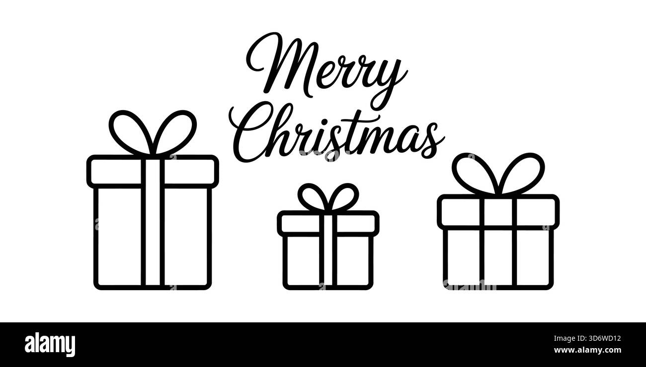 Frohe weihnachten' Text mit drei umrissenen Geschenkboxen Vektor-Illustration Stock Vektor