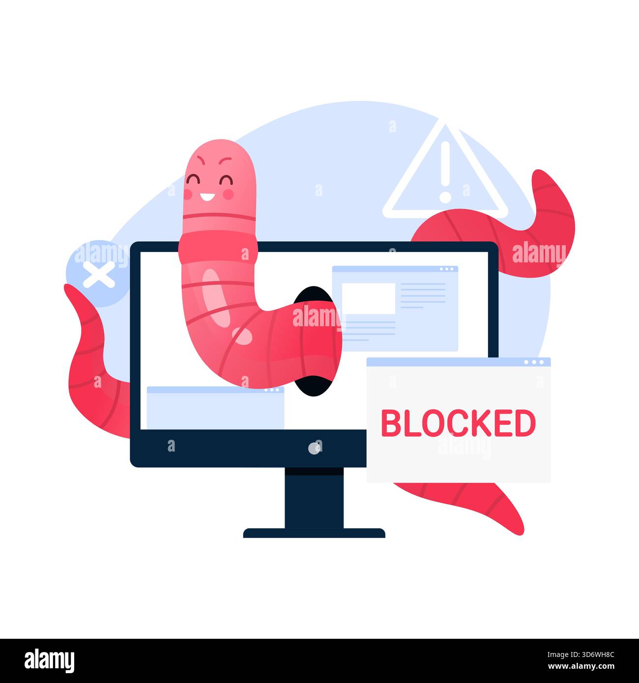 Isolierter Karikaturcomputer Wurm Angriff auf Bildschirm mit Warnzeichen Vektor Illustration blockiert Stock Vektor