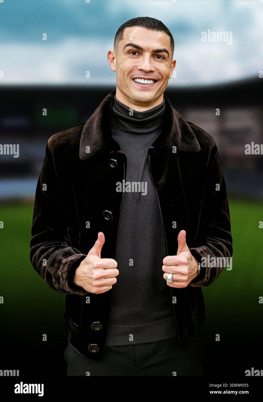 Cristiano Ronaldo in Washington, USA, 2025 – Daumen hoch! (Retuschiertes Foto mit neuem Hintergrund). Originalfoto von Daniel Torok, Mitarbeiter des Weißen Hauses. Stockfoto