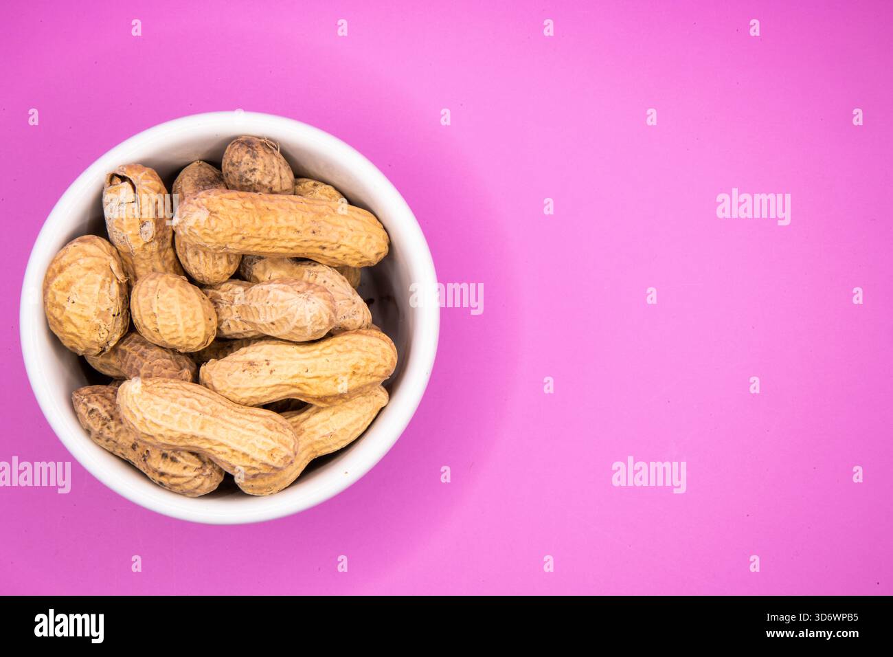 Affennüsse in einer weißen Schale auf einem einfachen Hintergrund, geeignet für Speisen, Snacks und Zutaten. Stockfoto
