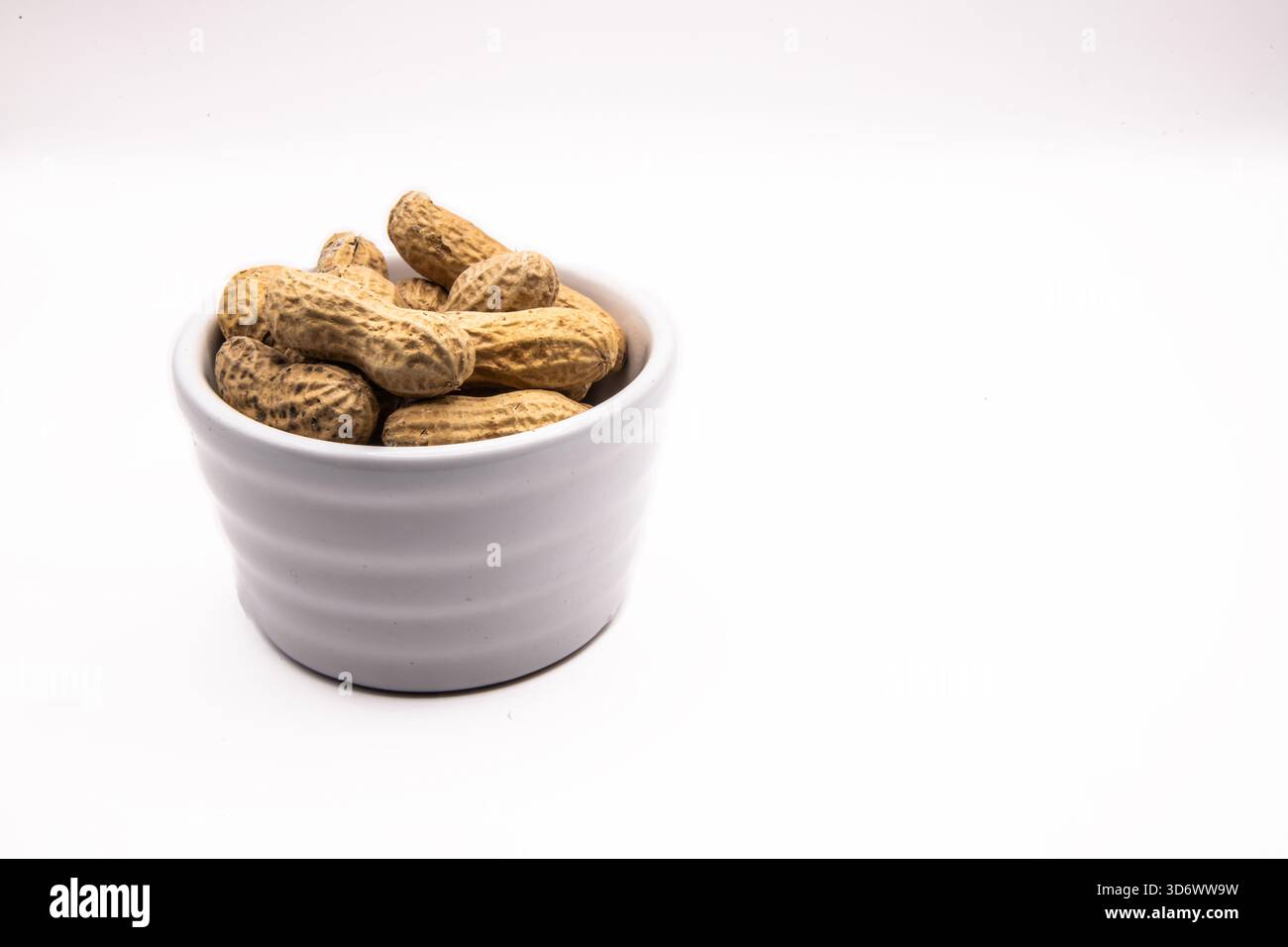 Affennüsse in einer weißen Schale auf einem einfachen Hintergrund, geeignet für Speisen, Snacks und Zutaten. Stockfoto