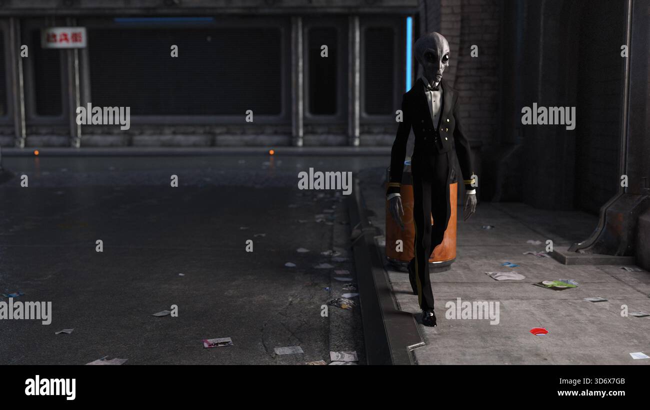 3D-Illustration eines grauen Außerirdischen, der einen Smoking trägt, der im Vordergrund durch eine dunkle, verstreute Straße im Hintergrund läuft. Stockfoto