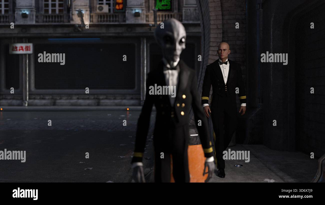 3D-Illustration eines unscharfen, grauen Aliens, der einen Smoking trägt und eine dunkle Straße im Vordergrund läuft, während ein Glatzkopf im Hintergrund folgt Stockfoto