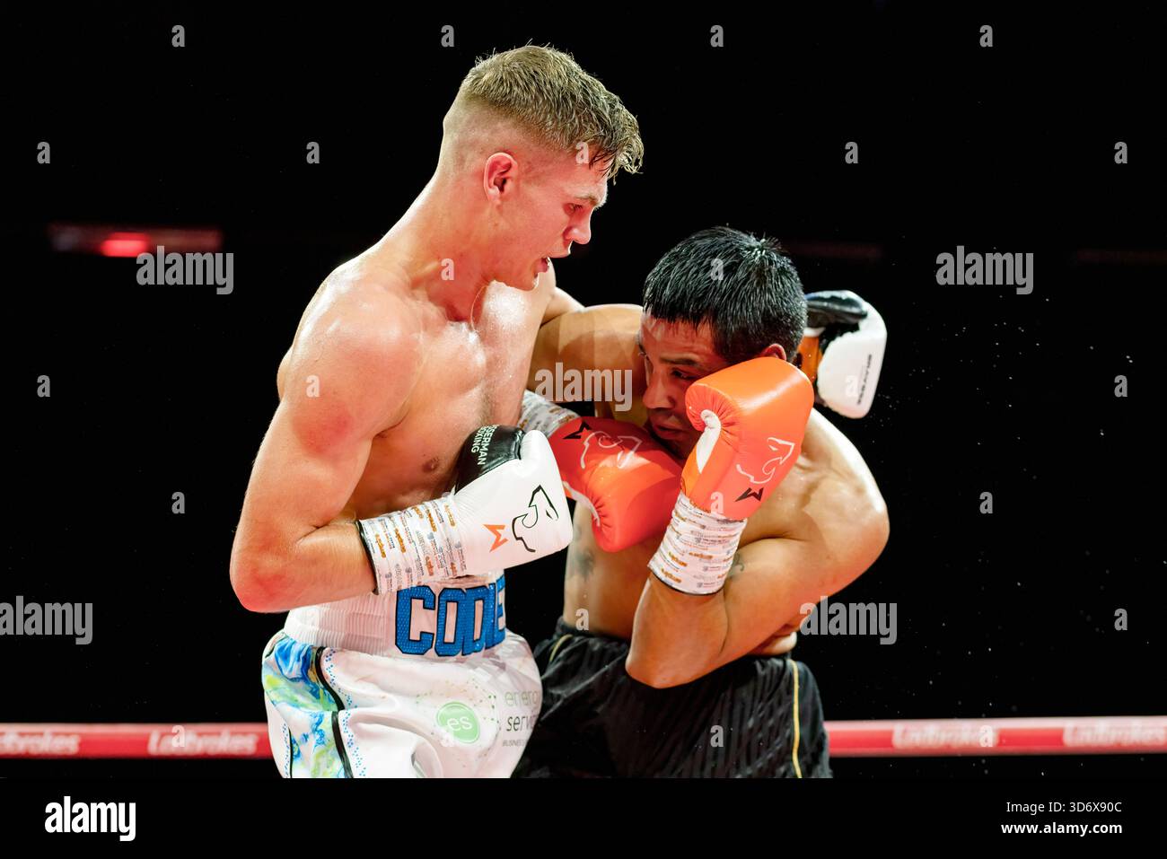 Brighton Centre, Stadt Brighton & Hove, East Sussex, Großbritannien. Boxen als Codie Smith (UK) gegen Franco Andres Cajal (Arg) Superfedergewicht-Wettbewerb im Brighton Centre für 8 Runden, in denen Codie Smith nach einer Punkteentscheidung gewann. 21. November 2025 David Smith/Alamy Stockfoto